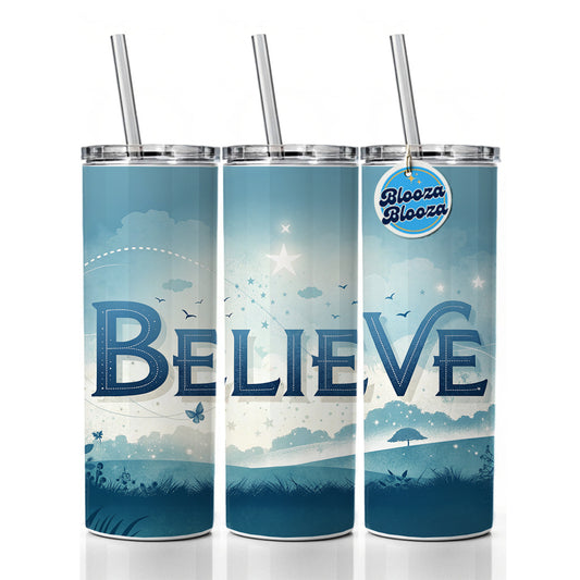 Believe Inspirational Religious Skinny Tumbler 20oz with Straw Insulated Water Bottle Gift