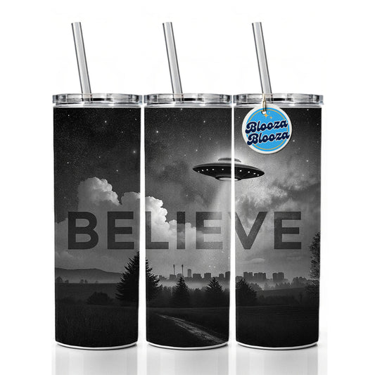 Believe UFO Sci-Fi Fantasy Skinny Tumbler 20oz with Straw Insulated Water Bottle Gift