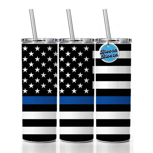 Black and White Thin Blue Line Police American Flag Skinny Tumbler 20oz with Straw Insulated Water Bottle Gift