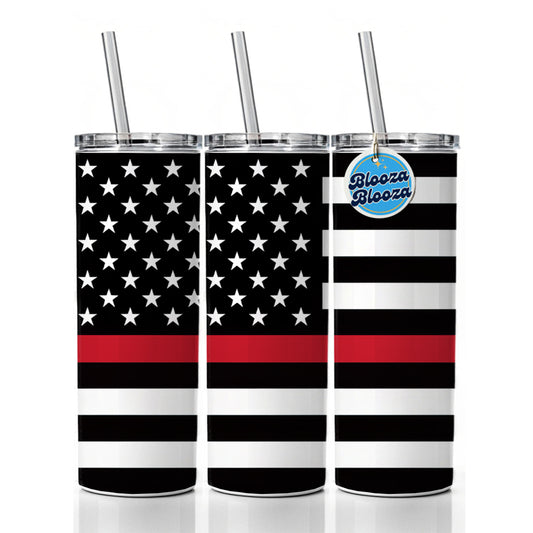 Black and White Thin Red Line Firefighter American Flag Skinny Tumbler 20oz with Straw Insulated Water Bottle Gift