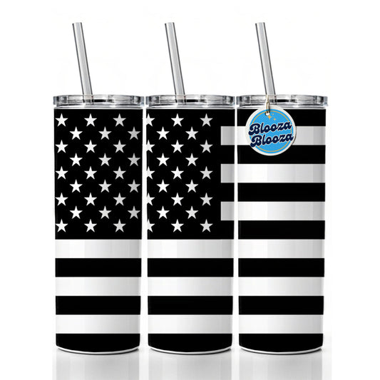 Black and White United States US American Flag Skinny Tumbler 20oz with Straw Insulated Water Bottle Gift
