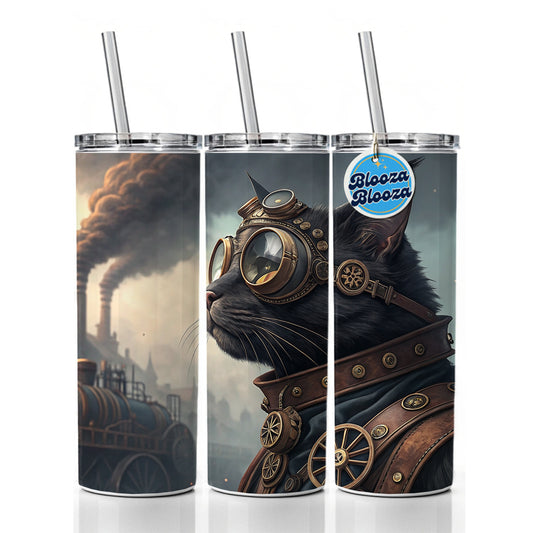 Black Cat Steampunk Skinny Tumbler 20oz with Straw Insulated Water Bottle Gift
