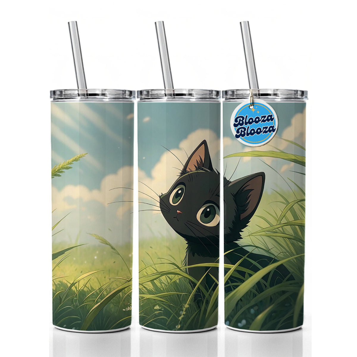 Black Kitten Cat in Field of Grass Anime Style Skinny Tumbler 20oz with Straw Insulated Water Bottle Gift