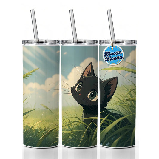 Black Kitten Cat in Field of Grass Anime Style Skinny Tumbler 20oz with Straw Insulated Water Bottle Gift
