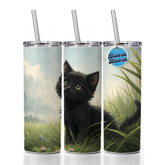 Black Kitten Cat in Field Skinny Tumbler 20oz with Straw Insulated Water Bottle Gift