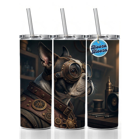 Boston Terrier Dog Steampunk Skinny Tumbler 20oz with Straw Insulated Water Bottle Gift