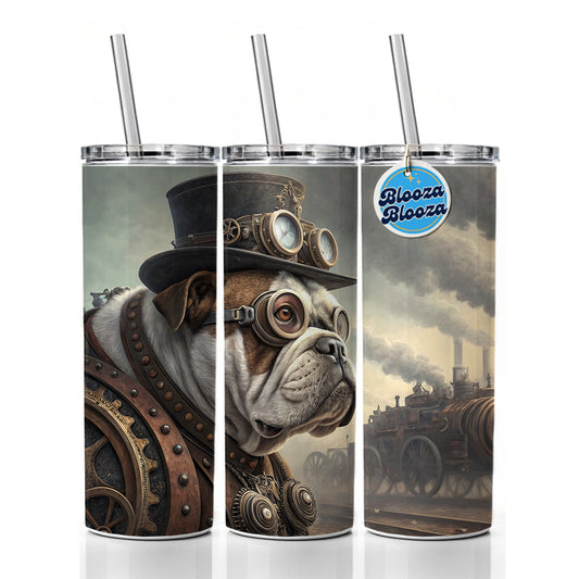Bulldog Dog Steampunk Skinny Tumbler 20oz with Straw Insulated Water Bottle Gift
