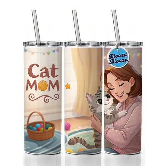 Cat Mom Cartoon Skinny Tumbler 20oz with Straw Insulated Water Bottle Gift