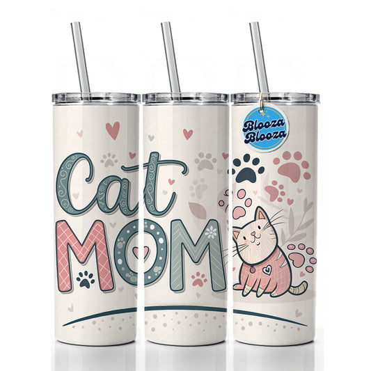 Cat Mom Cute Skinny Tumbler 20oz with Straw Insulated Water Bottle Gift