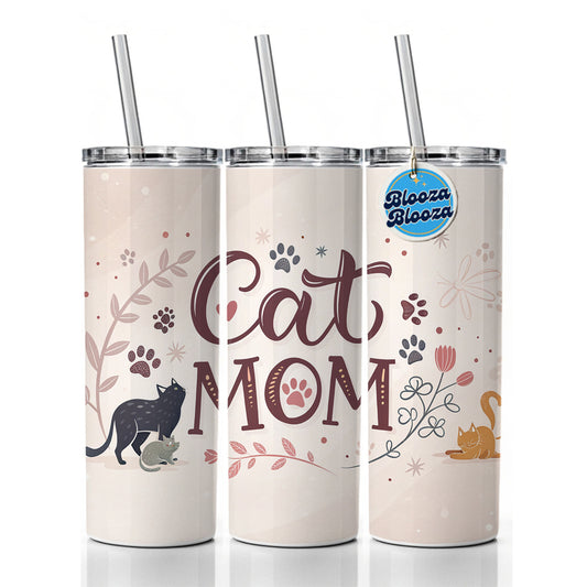 Cat Mom Floral Paw Prints Skinny Tumbler 20oz with Straw Insulated Water Bottle Gift