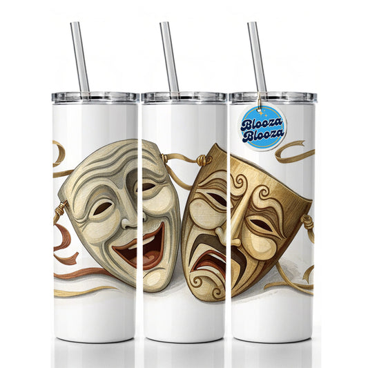 Comedy And Tragedy Theater Drama Masks Skinny Tumbler 20oz with Straw Insulated Water Bottle Gift