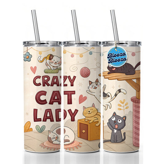 Crazy Cat Lady Funny Cartoon Skinny Tumbler 20oz with Straw Insulated Water Bottle Gift