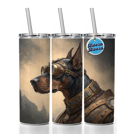 Doberman Pinscher Dog Steampunk Skinny Tumbler 20oz with Straw Insulated Water Bottle Gift