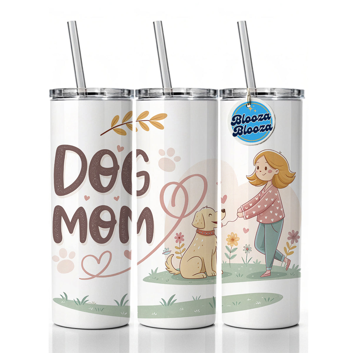 Dog Mom Cartoon Skinny Tumbler 20oz with Straw Insulated Water Bottle Gift