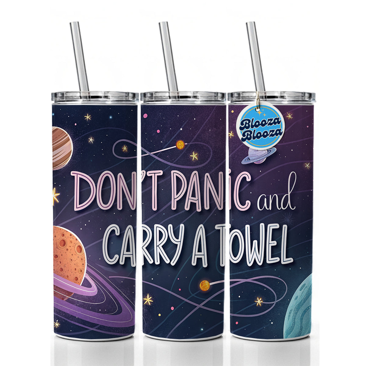 Don't Panic And Carry A Towel Funny Sci-Fi Skinny Tumbler 20oz with Straw Insulated Water Bottle Gift
