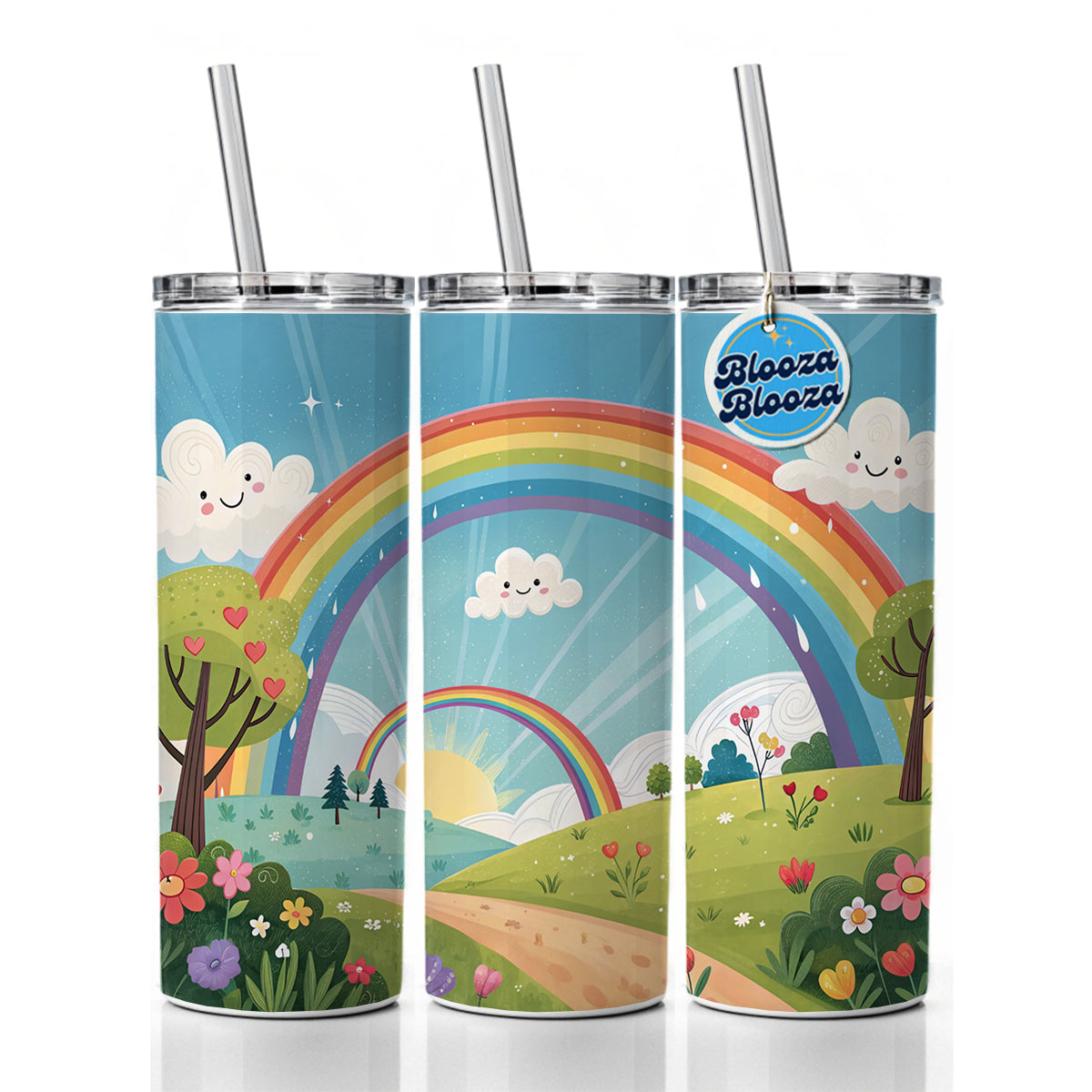 Double Rainbow Cartoon Illustration Skinny Tumbler 20oz with Straw Insulated Water Bottle Gift