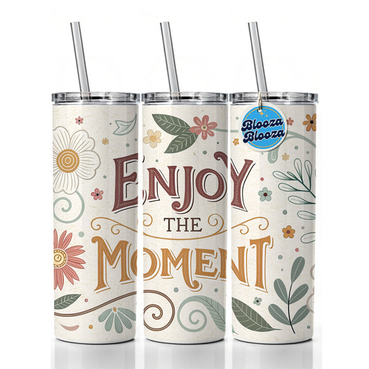 Enjoy The Moment Retro Floral Inspirational Skinny Tumbler 20oz with Straw Insulated Water Bottle Gift