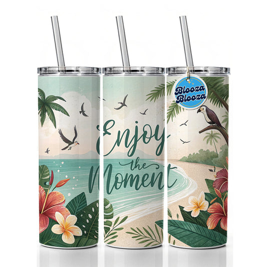 Enjoy The Moment Tropical Beach Inspirational Skinny Tumbler 20oz with Straw Insulated Water Bottle Gift