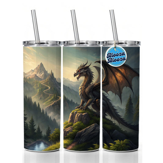 Fantasy Dragon on Mountain Illustration Skinny Tumbler 20oz with Straw Insulated Water Bottle Gift