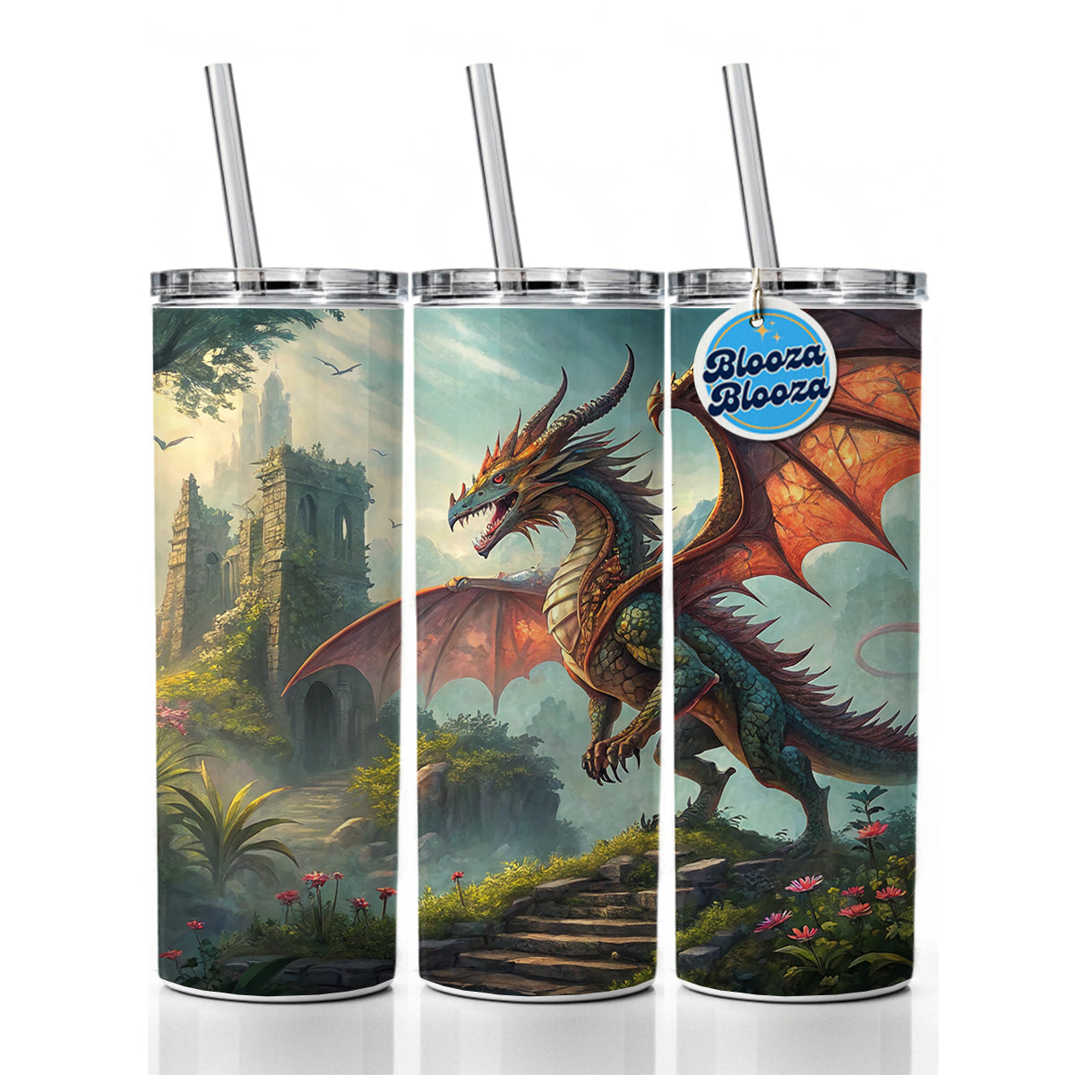 Fantasy Dragon Retro Pulp Magazine Illustration Skinny Tumbler 20oz with Straw Insulated Water Bottle Gift
