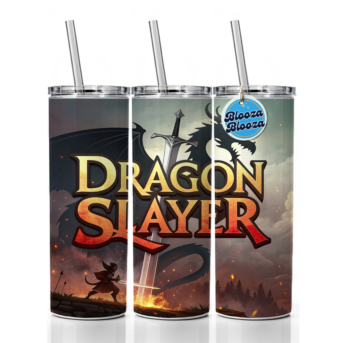 Fantasy Knight Dragon Slayer Illustration Skinny Tumbler 20oz with Straw Insulated Water Bottle Gift