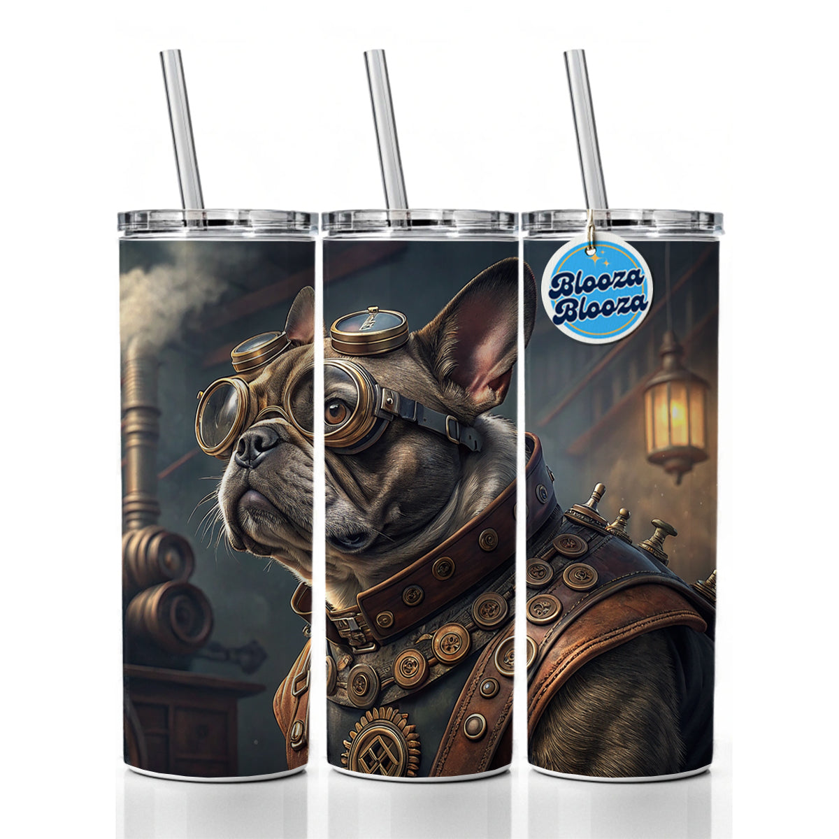 French Bulldog Dog Steampunk Skinny Tumbler 20oz with Straw Insulated Water Bottle Gift