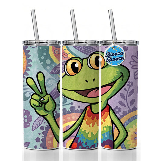 Frog Giving Peace Sign Hippie Tie Dye Skinny Tumbler 20oz with Straw Insulated Water Bottle Gift