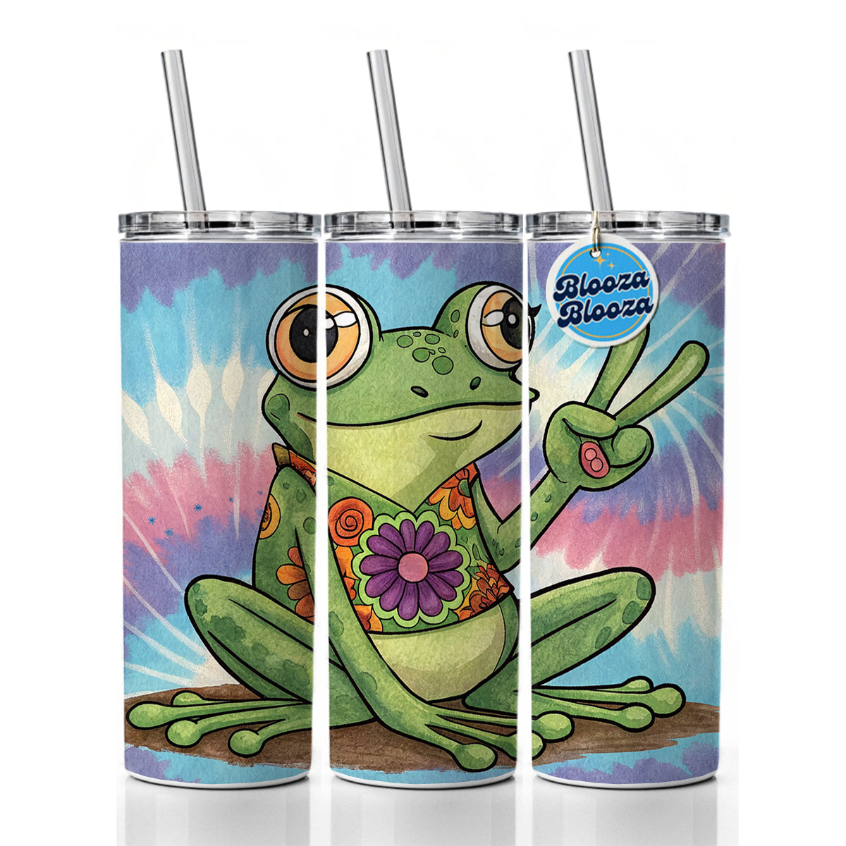 Frog Giving Peace Sign Tie-Dye Cartoon Skinny Tumbler 20oz with Straw Insulated Water Bottle Gift