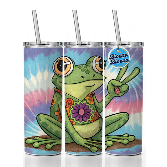 Frog Giving Peace Sign Tie-Dye Cartoon Skinny Tumbler 20oz with Straw Insulated Water Bottle Gift