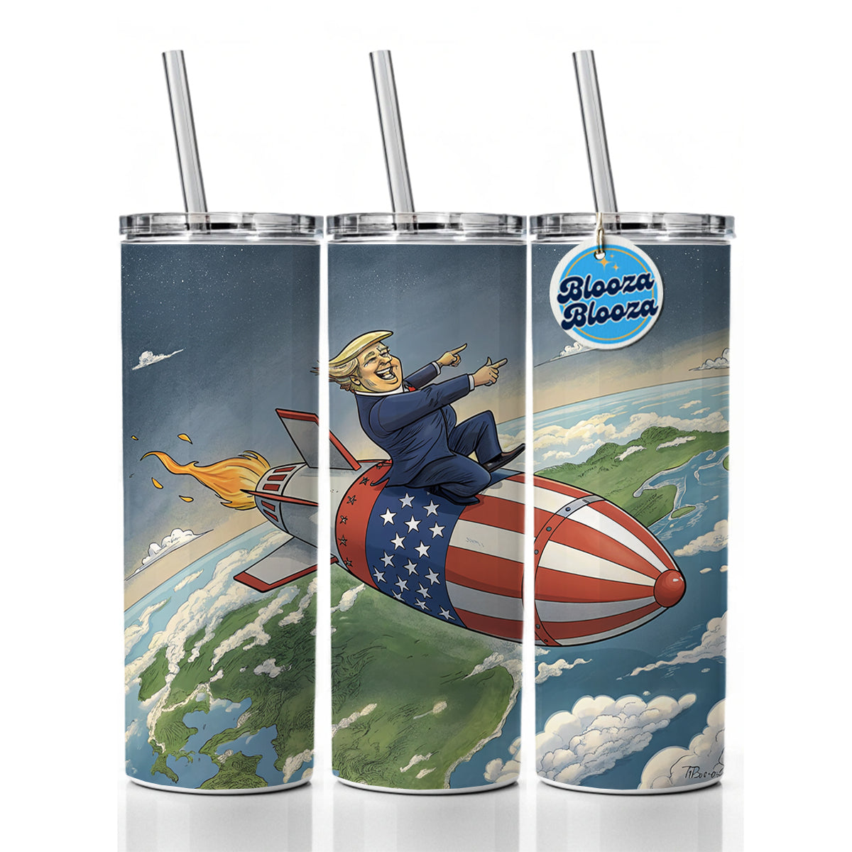 Funny Donald Trump Riding American Flag Missile Skinny Tumbler 20oz with Straw Insulated Water Bottle Gift