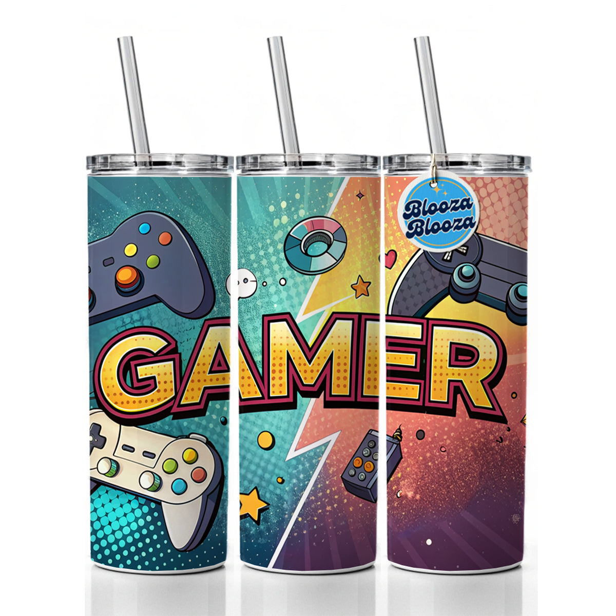 Gamer Retro Gaming Controllers Illustration Skinny Tumbler 20oz with Straw Insulated Water Bottle Gift