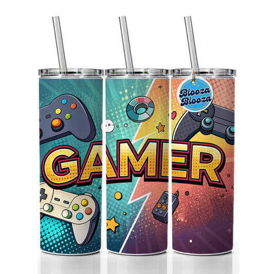 Gamer Retro Gaming Controllers Illustration Skinny Tumbler 20oz with Straw Insulated Water Bottle Gift