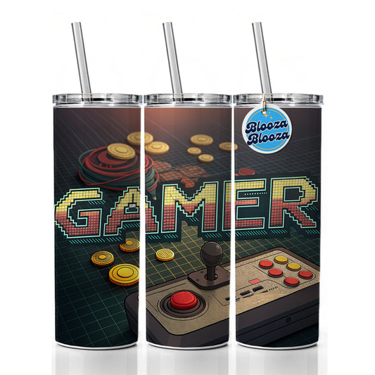 Gamer Retro Pixel Arcade Controller Skinny Tumbler 20oz with Straw Insulated Water Bottle Gift