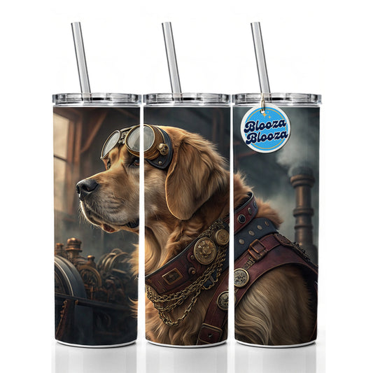 Golden Retriever Dog Steampunk Skinny Tumbler 20oz with Straw Insulated Water Bottle Gift