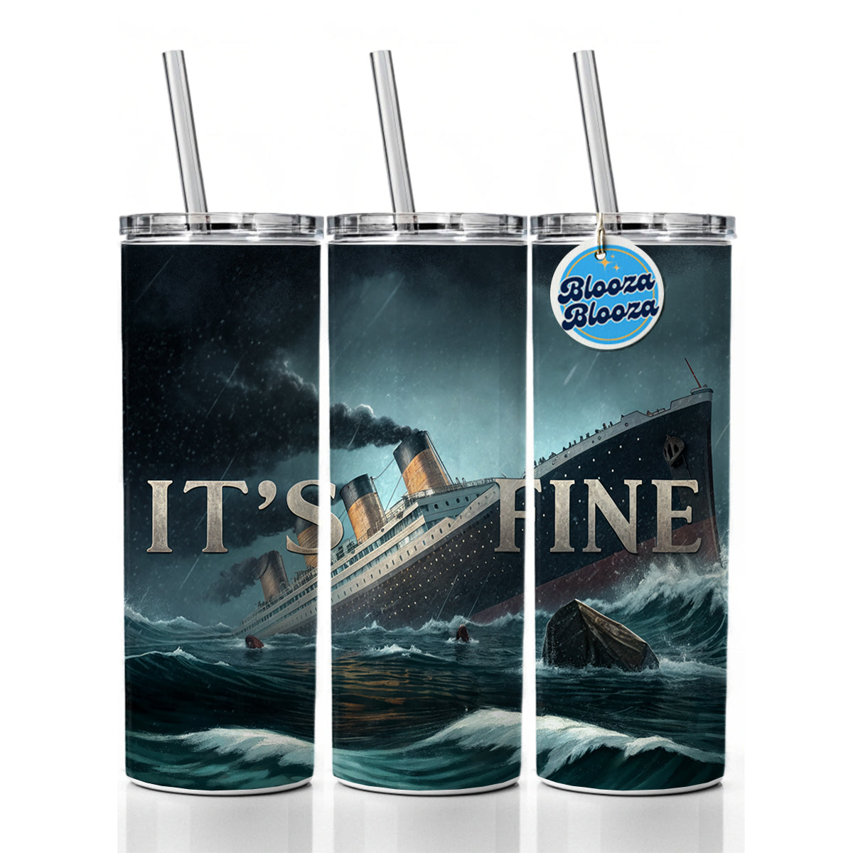 It's Fine Titanic Sinking Funny Skinny Tumbler 20oz with Straw Insulated Water Bottle Gift
