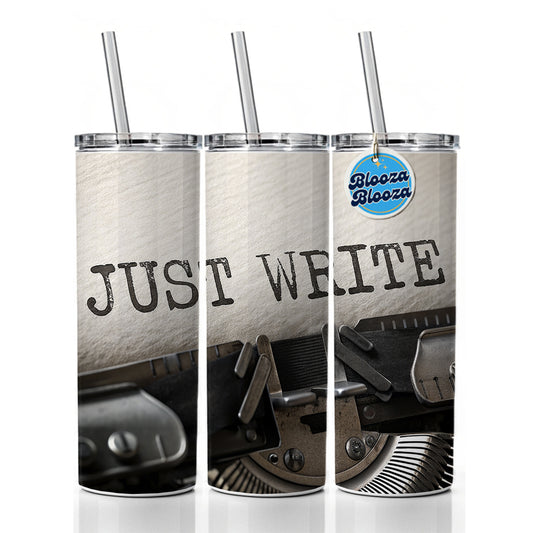 Just Write Retro Typewriter Inspirational Skinny Tumbler 20oz with Straw Insulated Water Bottle Gift