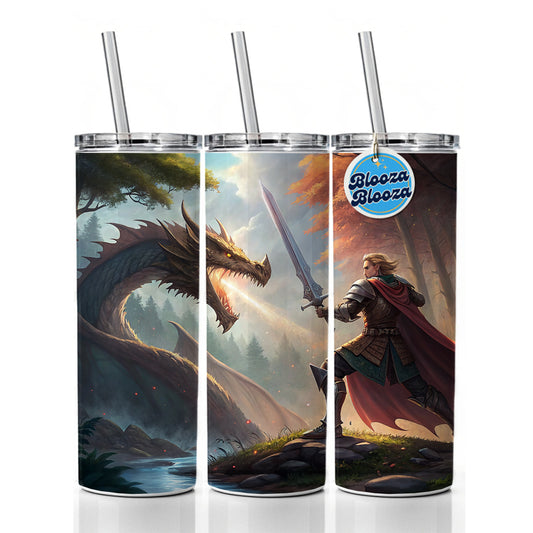 Knight Dragon Slayer Illustration Skinny Tumbler 20oz with Straw Insulated Water Bottle Gift