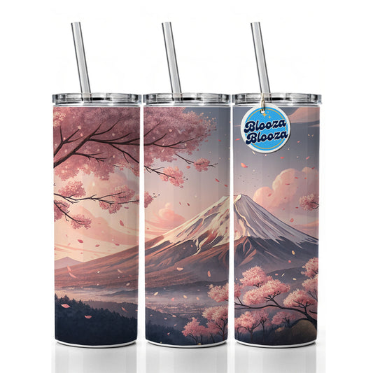 Mount Fuji Blooming Sakura Trees Japanese Illustration Skinny Tumbler 20oz with Straw Insulated Water Bottle Gift