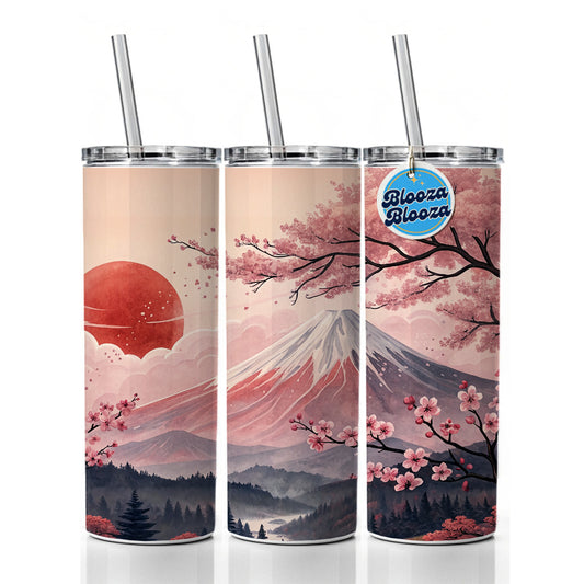 Mount Fuji With Cherry Blossoms Rising Sun Japanese Illustration Skinny Tumbler 20oz with Straw Insulated Water Bottle Gift