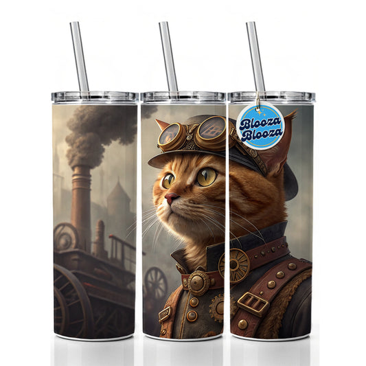 Orange Tabby Cat Steampunk Skinny Tumbler 20oz with Straw Insulated Water Bottle Gift