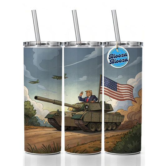 Patriotic Donald Trump Driving M1 Abrams Tank Funny Skinny Tumbler 20oz with Straw Insulated Water Bottle Gift