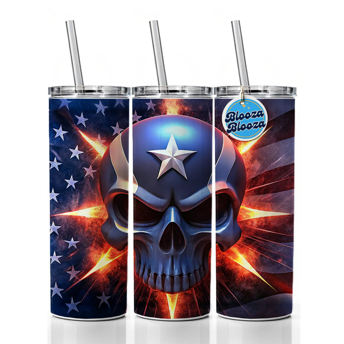 Patriotic Skull And American Flag Skinny Tumbler 20oz with Straw Insulated Water Bottle Gift