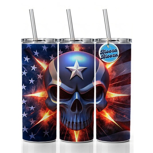 Patriotic Skull And American Flag Skinny Tumbler 20oz with Straw Insulated Water Bottle Gift