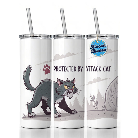 Protected By Attack Cat Funny Skinny Tumbler 20oz with Straw Insulated Water Bottle Gift
