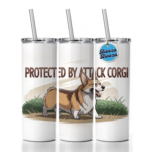 Protected By Attack Corgi Funny Skinny Tumbler 20oz with Straw Insulated Water Bottle Gift