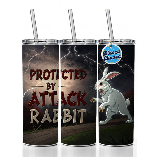 Protected By Attack Rabbit Vicious White Funny Bunny Skinny Tumbler 20oz with Straw Insulated Water Bottle Gift