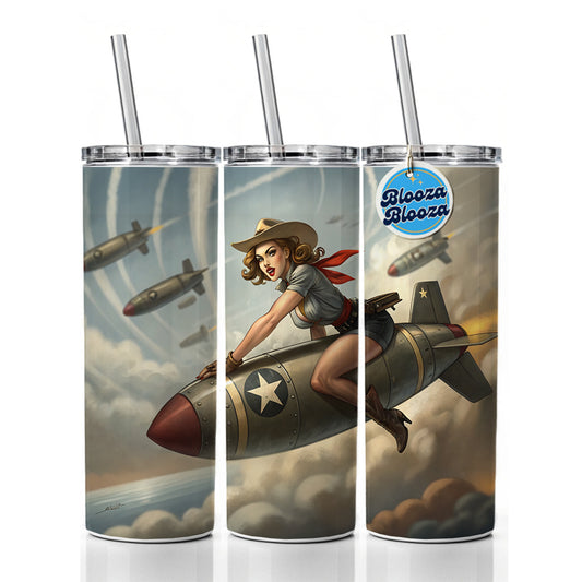 Rockabilly Patriotic Pin-Up Cowgirl Riding Bomb Funny Skinny Tumbler 20oz with Straw Insulated Water Bottle Gift