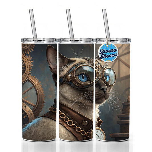 Siamese Cat Steampunk Skinny Tumbler 20oz with Straw Insulated Water Bottle Gift