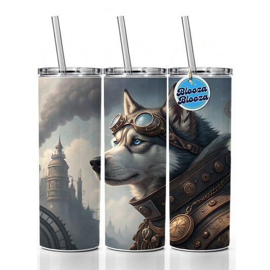 Siberian Husky Dog Steampunk Skinny Tumbler 20oz with Straw Insulated Water Bottle Gift