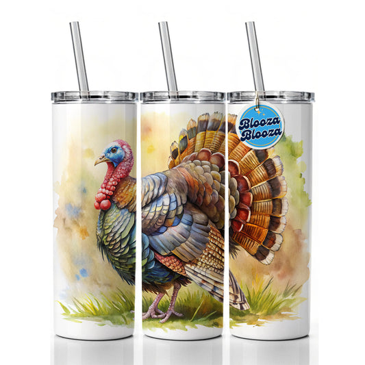 Tom Gobbler Male Turkey Watercolor Skinny Tumbler 20oz with Straw Insulated Water Bottle Gift